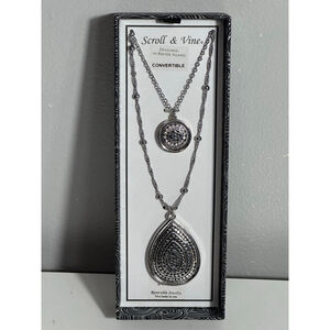 Women's Scroll & Vine Silver Convertible Necklace 2 pendants round and teardrop